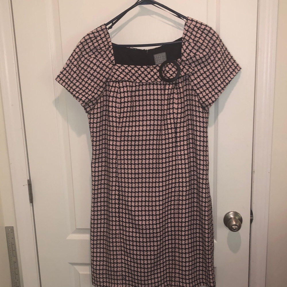 Pink & Black Geometric Short-Sleeve Shift Dress with Buckle Detail